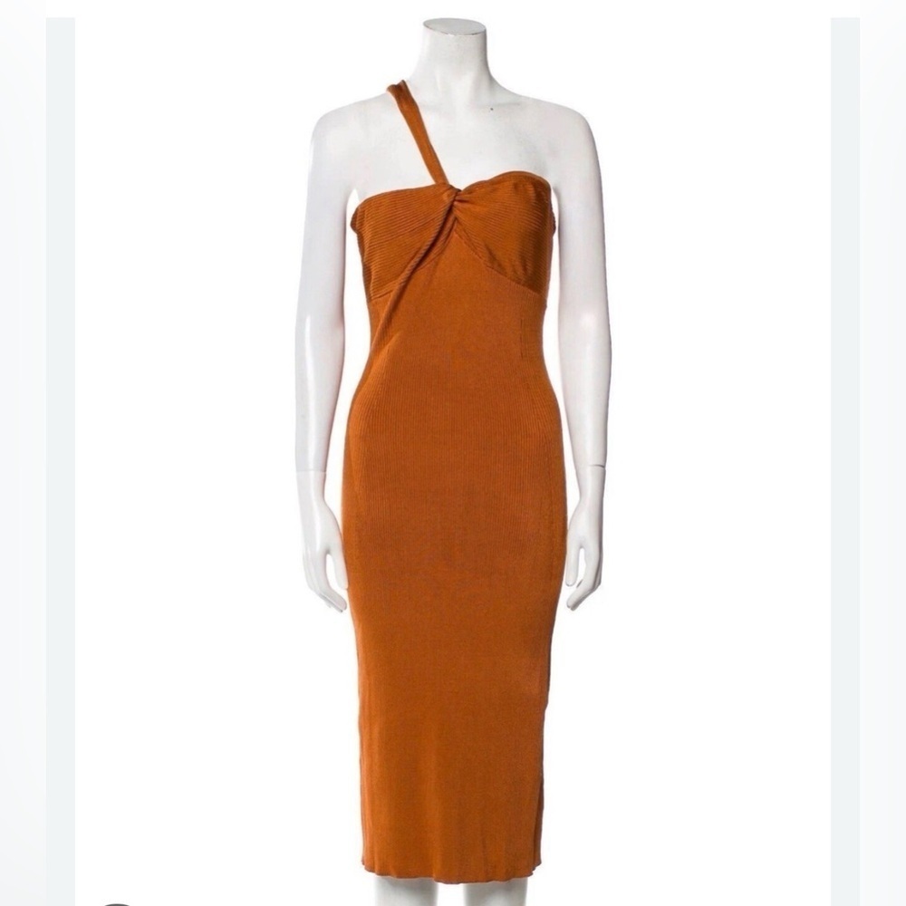 House Of Harlow Burnt Orange Ribbed Knit Asymmetrical 1 Strap Midi Dress Fall